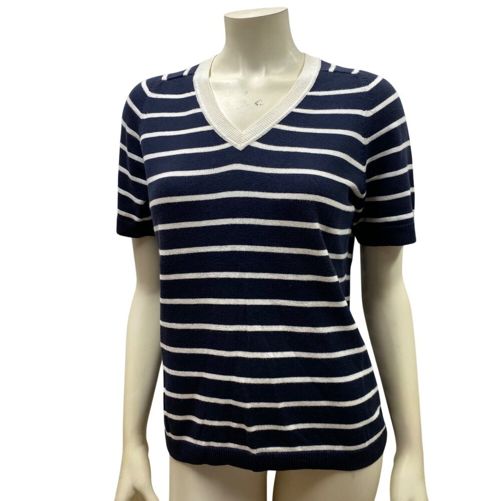 Brooks Brothers 346 Womens Striped V-Neck Supima Cotton Short Sleeve‎ Sweater MD